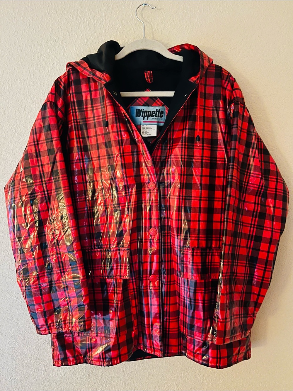 Vintage Wippette Rainthings 80s Vinyl Rain Slicker Jacket In Red Plaid Size S
